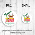 Load image into Gallery viewer, This image shows the medium and small holiday stickers side-by-side for a size comparison, and it says “Approximate dimensions are listed in the description.