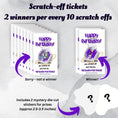 Load image into Gallery viewer, This image shows the scratch-off cards highlighting the winning and non-winning images. Each set of 10 scratch-off cards includes 2 mystery die-cut stickers as prizes.