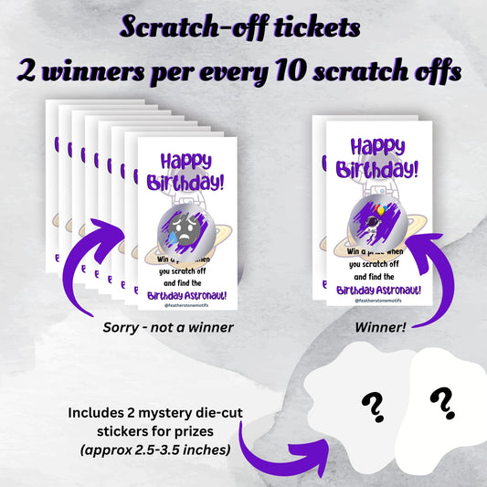 This image shows the scratch-off cards highlighting the winning and non-winning images. Each set of 10 scratch-off cards includes 2 mystery die-cut stickers as prizes.