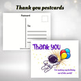 Load image into Gallery viewer, This image shows the front and back of the thank you postcards.