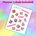 Load image into Gallery viewer, This image shows the PL-303 sticker/label sheet with 17 different stickers that is included with each note pad.