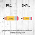 Load image into Gallery viewer, This image shows medium and small personalized school stickers next to each other as a size comparison.