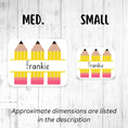 Load image into Gallery viewer, This image shows medium and small personalized school stickers next to each other as a size comparison.