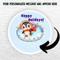 Load image into Gallery viewer, This image shows the holiday sticker with an arrow showing where your personalized message will be printed.