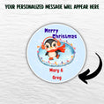 Load image into Gallery viewer, This image shows where your personalized message will be printed on the Personalized Holiday Stickers - Penguin Christmas.