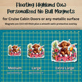 Load image into Gallery viewer, This image shows the 3 Floating Highland Cow magnet sizes - medium approx. 4", large approx. 5", and extra large approx. 7.5".