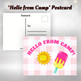 Load image into Gallery viewer, This image shows the Hello from Camp! postcard with the sun and an ice cream bar.