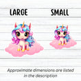 Load image into Gallery viewer, This image shows large and small pink chibi unicorn stickers next to each other.