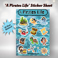 Load image into Gallery viewer, This image shows the Pirate's Life sticker sheet with 13 vinyl stickers that is included in the Pirate themed Camp Postcard Kit.