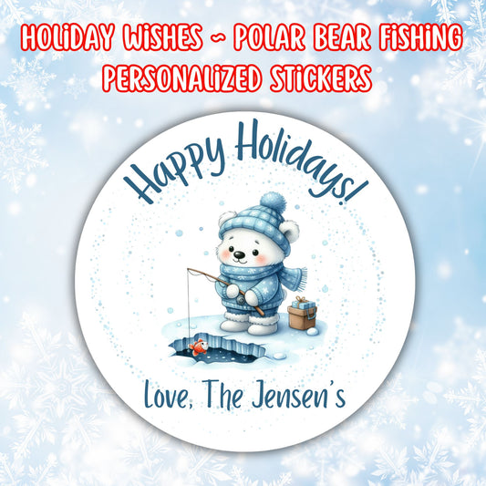 This image shows the Personalized Holiday Stickers - Polar Bear Fishing.