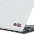 Load image into Gallery viewer, This image shows the race car with flags sticker on the back of an open laptop.
