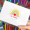 Load image into Gallery viewer, This image shows the personalized school sticker on the back of an envelope.