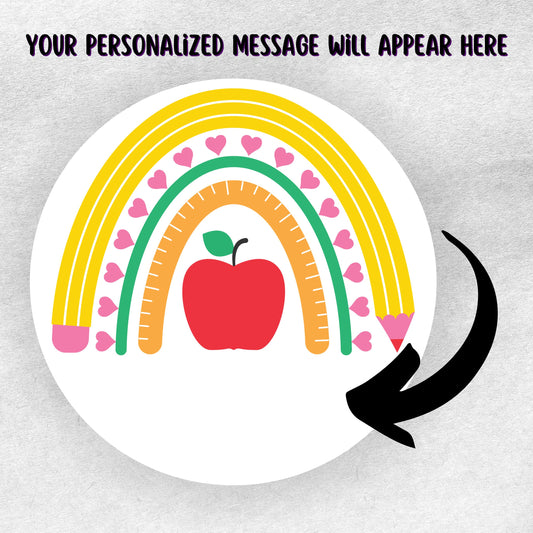 This image shows the personalized school sticker with an arrow showing where your personalized message will go.