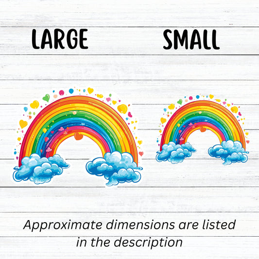 This image shows large and small rainbow and hearts stickers next to each other.