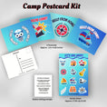Load image into Gallery viewer, This image shows the Sailing themed Camp Postcard Kit with dimensions and descriptions for each item.