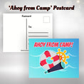 Load image into Gallery viewer, This image shows the Ahoy from Camp! postcard with a spyglass, life ring, and ships wheel above a water background.