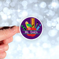 Load image into Gallery viewer, This image shows a hand holding the personalized school sticker.