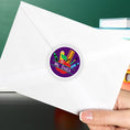 Load image into Gallery viewer, This image shows the personalized school sticker on the back of an envelope.