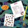 Load image into Gallery viewer, This image shows the Purple Ghost design and the included matte paper labels available in the Cute Spooky Notepads.