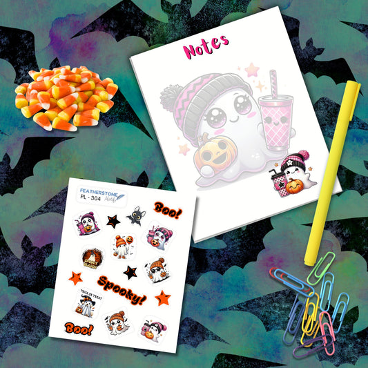 This image shows the Purple Ghost design and the included matte paper labels available in the Cute Spooky Notepads.