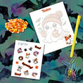 Load image into Gallery viewer, This image shows the Orange Ghost design and the included matte paper labels available in the Cute Spooky Notepads.