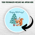 Load image into Gallery viewer, This image shows the holiday sticker with an arrow showing where your personalized message will be printed.