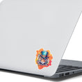 Load image into Gallery viewer, This image shows the Steampunk Tiger Die-Cut Sticker on the back of an open laptop.