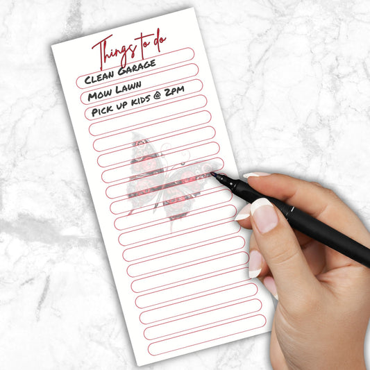 This image shows the Things to do Notepad - Steampunk Butterflies notepad with a list started.