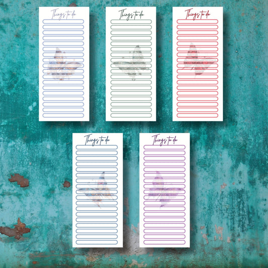 This image shows all 5 designs of the Things to do Notepad - Steampunk Butterflies.