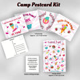 Load image into Gallery viewer, This image shows the Sweet Fun! themed Camp Postcard Kit with dimensions and descriptions for each item.