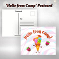 Load image into Gallery viewer, This image shows the Hello from Camp! postcard with a smiling ice cream cone wearing heart shaped glasses and chocolate dipped strawberries on either side.