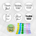 Load image into Gallery viewer, This image shows the six Thank You! label designs with a subset of color options.