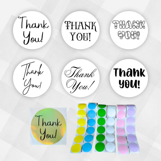 This image shows the six Thank You! label designs with a subset of color options.