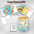Load image into Gallery viewer, This image shows the Camp Postcard Kit - Vacation in the Sun with descriptions and dimensions for each item.