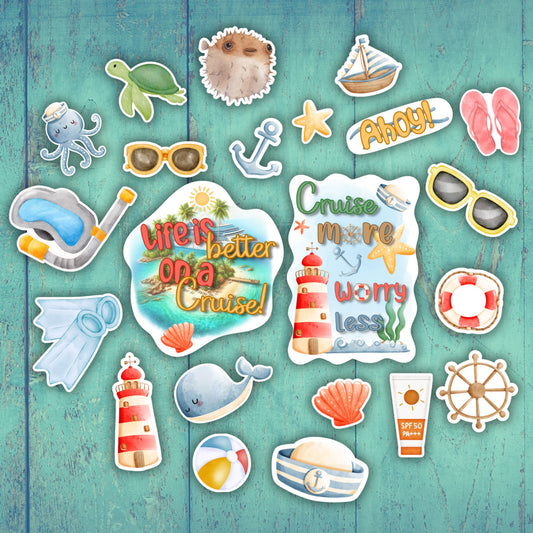 This image shows all of the 22 Watercolor Cruise Magnets on a green background.