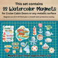 Load image into Gallery viewer, This image shows all of the 22 Watercolor Cruise Magnets on a measuring grid/mat to show the approximate size of each magnet.