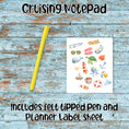 Load image into Gallery viewer, This image show a randomly chosen color (yellow) pen and the sticker/label sheet that comes with the cruising notepad.