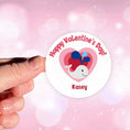 Load image into Gallery viewer, This image shows a hand holding the personalized valentine sticker.
