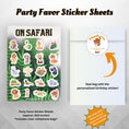 Load image into Gallery viewer, This image shows the on safari sticker sheet included as a party favor, the cellophane bag, and the personalized paper thank you sticker.