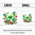 Load image into Gallery viewer, This image shows large and small Green Moth die cut stickers next to each other.