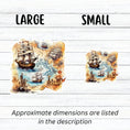 Load image into Gallery viewer, This image shows large and small Pirate Ship Map Die-Cut Stickers next to each other.