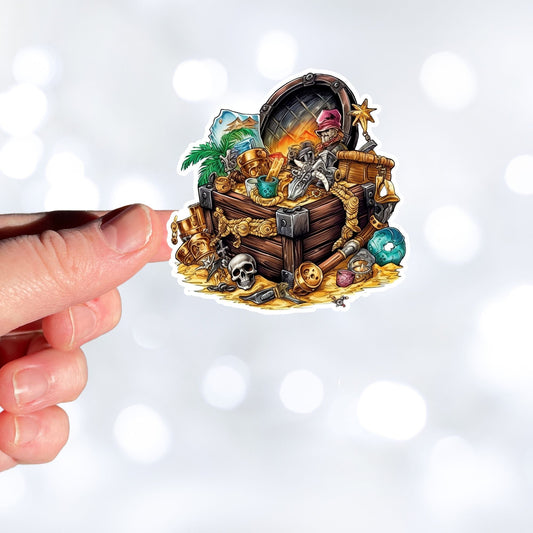 This image shows a hand holding the Pirate Treasure 2 Die-Cut Sticker.