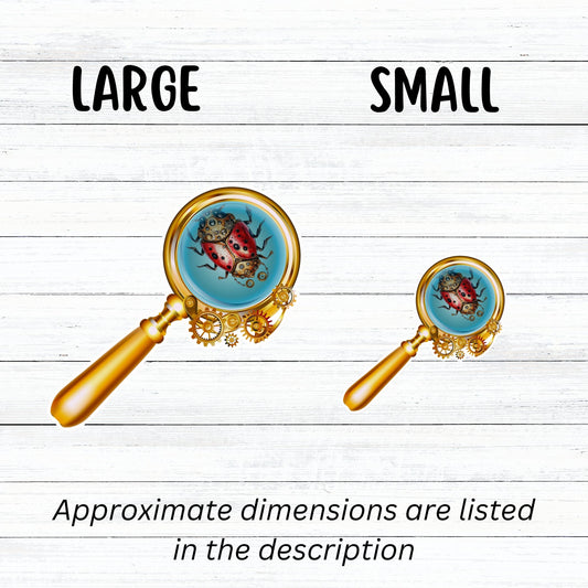 This image shows large and small steampunk ladybug stickers next to each other.