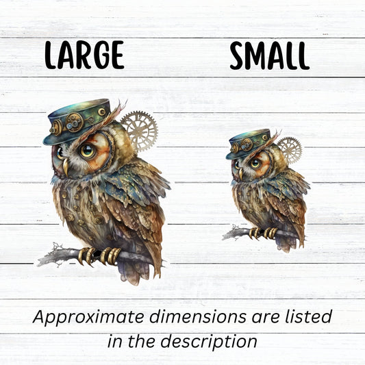 This image shows large and small steampunk owl stickers next to each other.