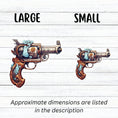 Load image into Gallery viewer, This image shows large and small Pirate Steampunk Pistol 1 Die-Cut Stickers next to each other.