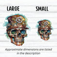 Load image into Gallery viewer, This image shows large and small Steampunk Skull 4 Die-Cut Stickers side by side.