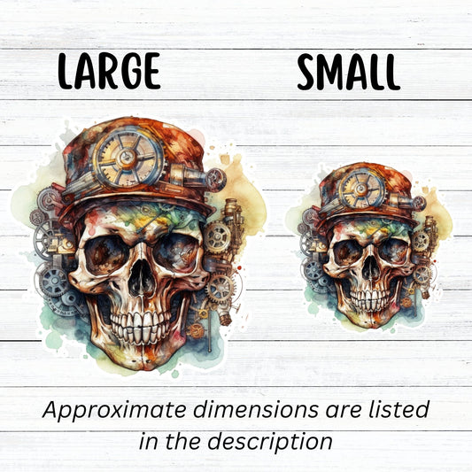 This image shows large and small Steampunk Skull 5 Die-Cut Stickers side by side.