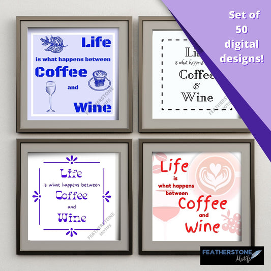 Life is what happens between coffee and wine. If you start your day with a cup of coffee, and relax and the end of the day with a glass of wine, then this set of digital images is perfect for you! These images are sized just right to make your own coasters (for your coffee cup and evening beverage), but they also make great framed artwork or greeting cards. This set has 50 digital images.