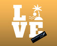 Load image into Gallery viewer, Love the beach? Then show it with this beach themed love square vinyl decal! Available in 4 sizes and 10 colors, these vinyl decals make great gifts for everyone. This image shows the Beach Love Square vinyl decal on a gold background.