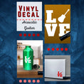 Load image into Gallery viewer, Love the guitar? Then show it with this acoustic guitar love square! Available in 4 sizes and 10 colors, these vinyl decals make great gifts for everyone. This image is the cover page.